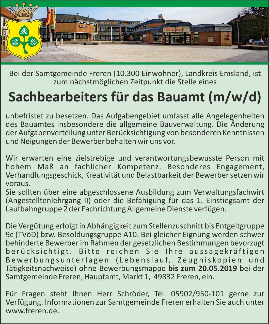 Samtgemeinde Freren - Aktuell - Stellenangebote - Verwaltung - Rathaus