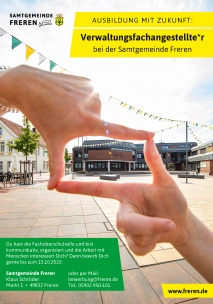 Die Samtgemeinde Freren bietet einen Ausbildungsplatz zur/zum Verwaltungsfachangestellten (m/w/d) an.
